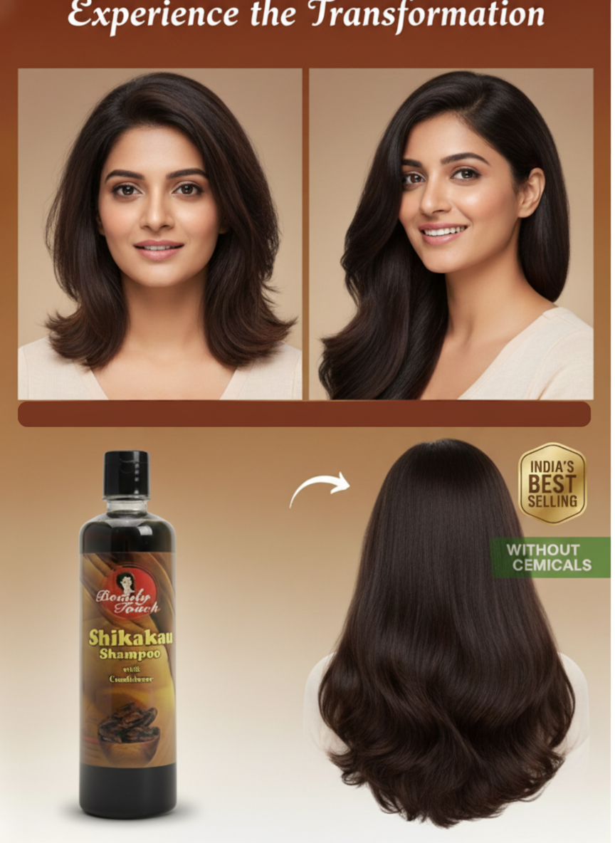 Advertisement for Shikakai shampoo showing before and after hair transformation with a bottle of shampoo.